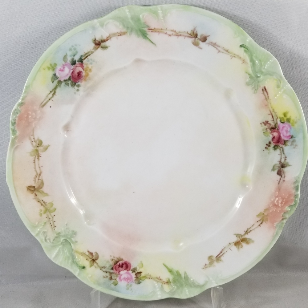 Antique 1899 CT Carl Tielsch Plate Roses Thorns Flowers 8.5" Green Pink Scallops